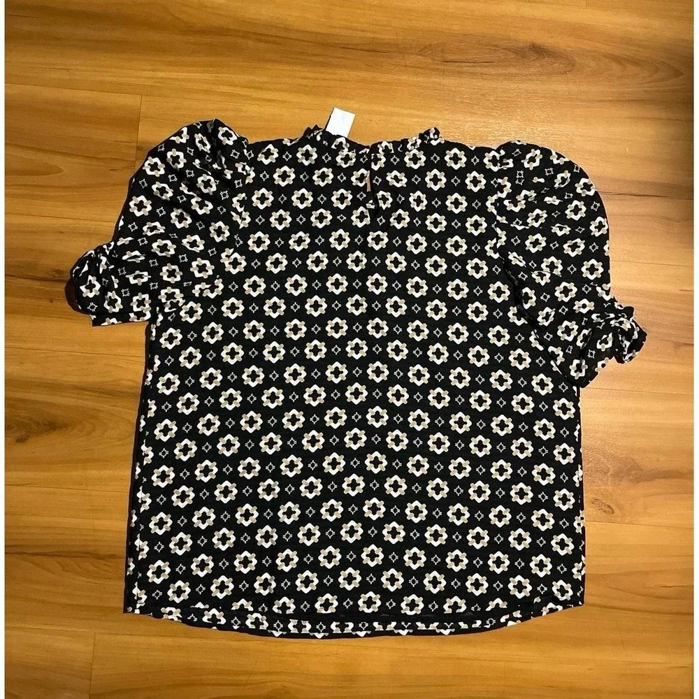 NWT LOFT Geo Print Ruffled Mock Neck Leg Of Mutton Puff Ruched Sleeve Lined Top